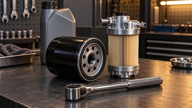 Масляный и топливный фильтры в автомобильной мастерской