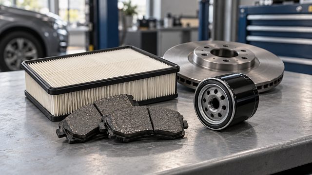 Автомобильные фильтры и тормозные колодки на сервисном столе